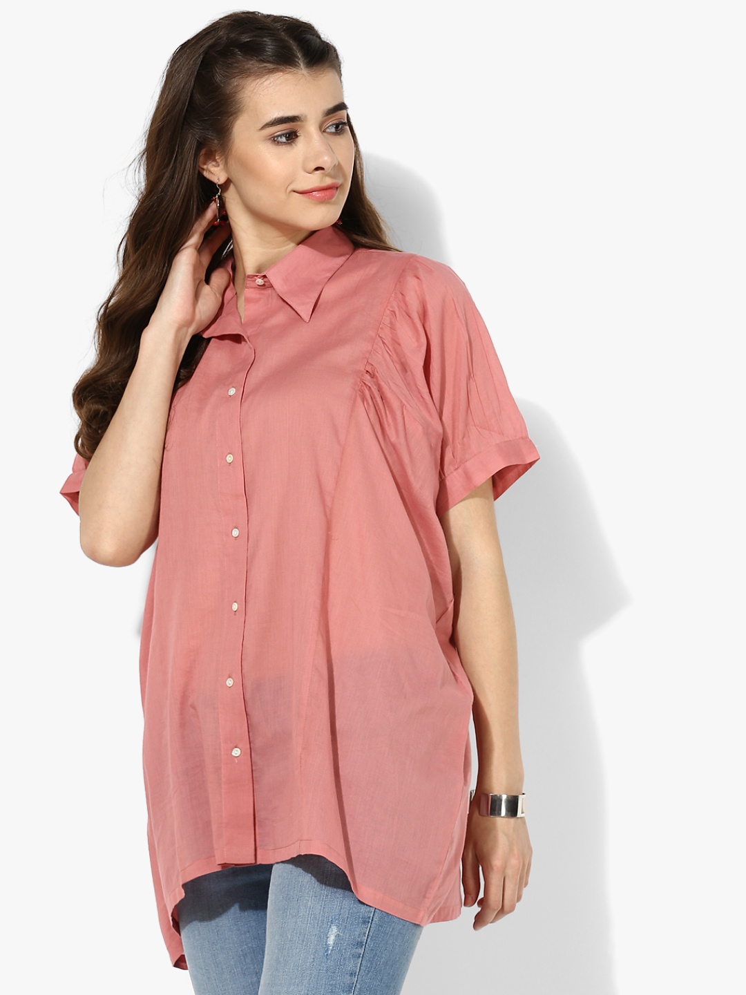 Sangria Women Coral Solid Shirt Style Pure Cotton Top