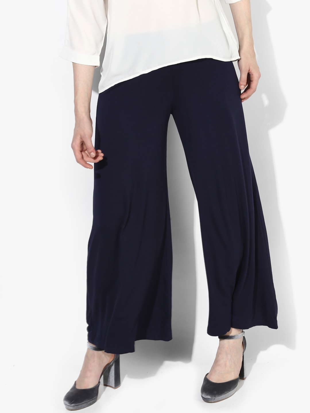 AND Women Navy Blue Solid Flared Palazzos