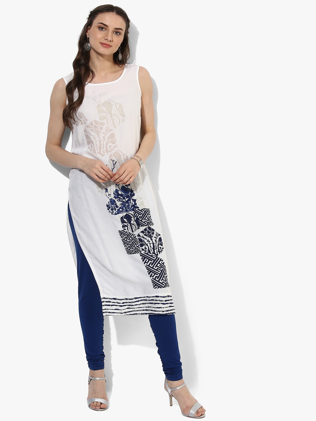 RANGMANCH BY PANTALOONS Women White & Navy Blue Printed Straight Kurta