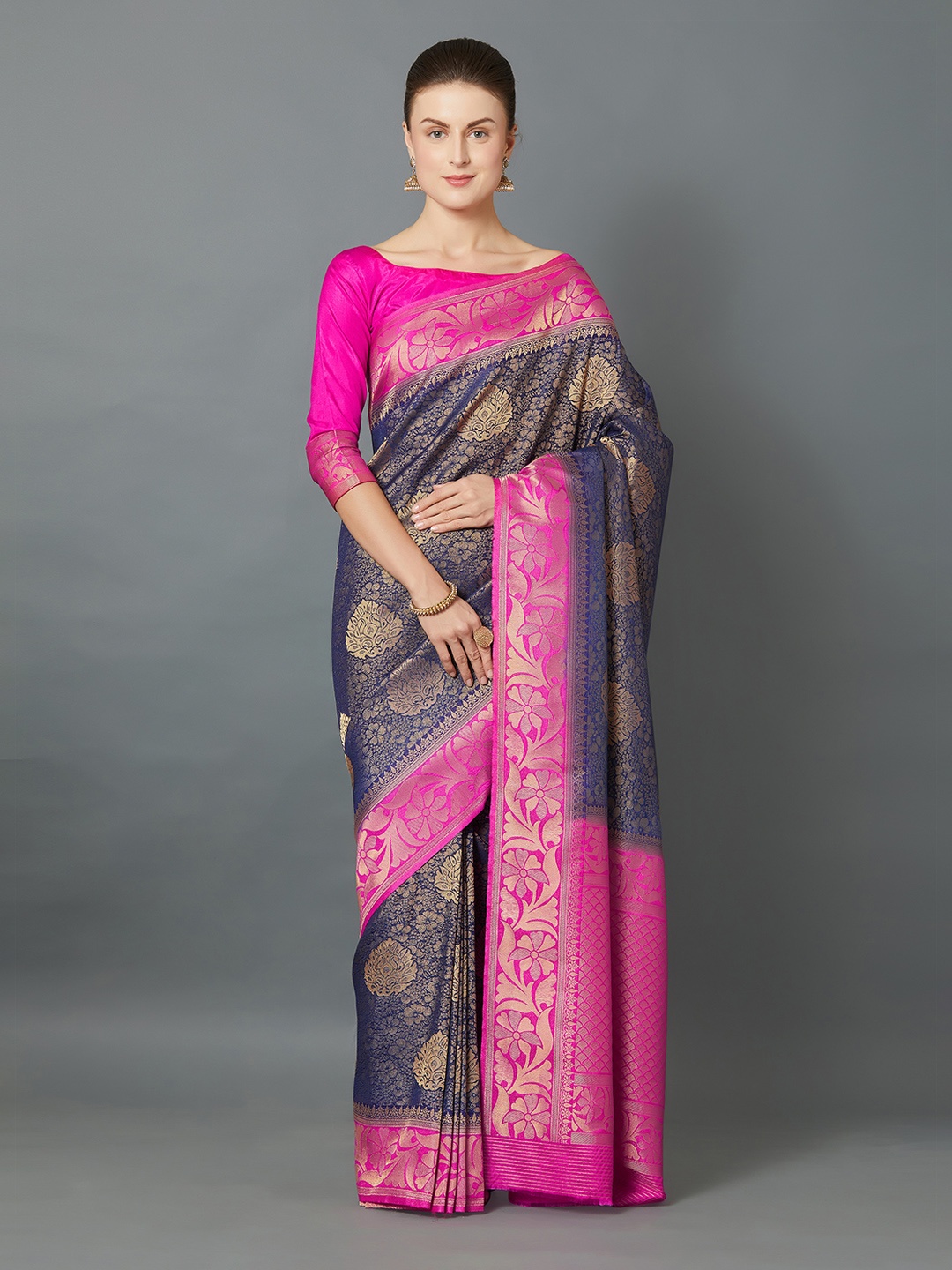Mitera Navy Blue & Pink Silk Blend Woven Design Kanjeevaram Saree