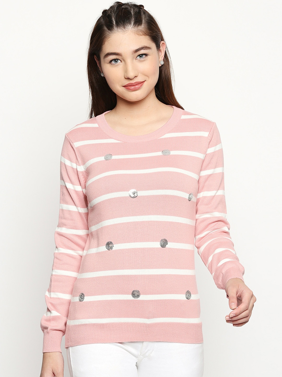 Honey by Pantaloons Women Pink Embellished Pure Cotton Top