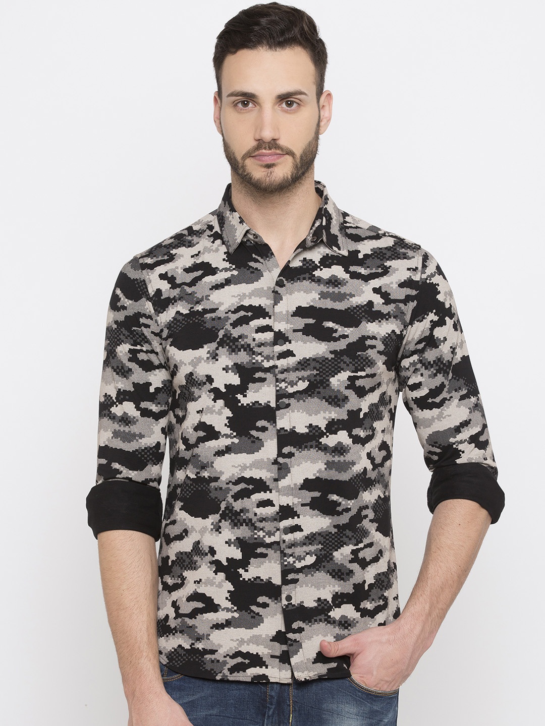 Status Quo Men Black & Beige Slim Fit Printed Casual Shirt