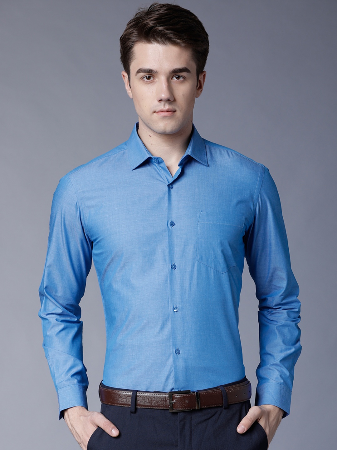 Black coffee Men Blue Slim Fit Solid Formal Shirt