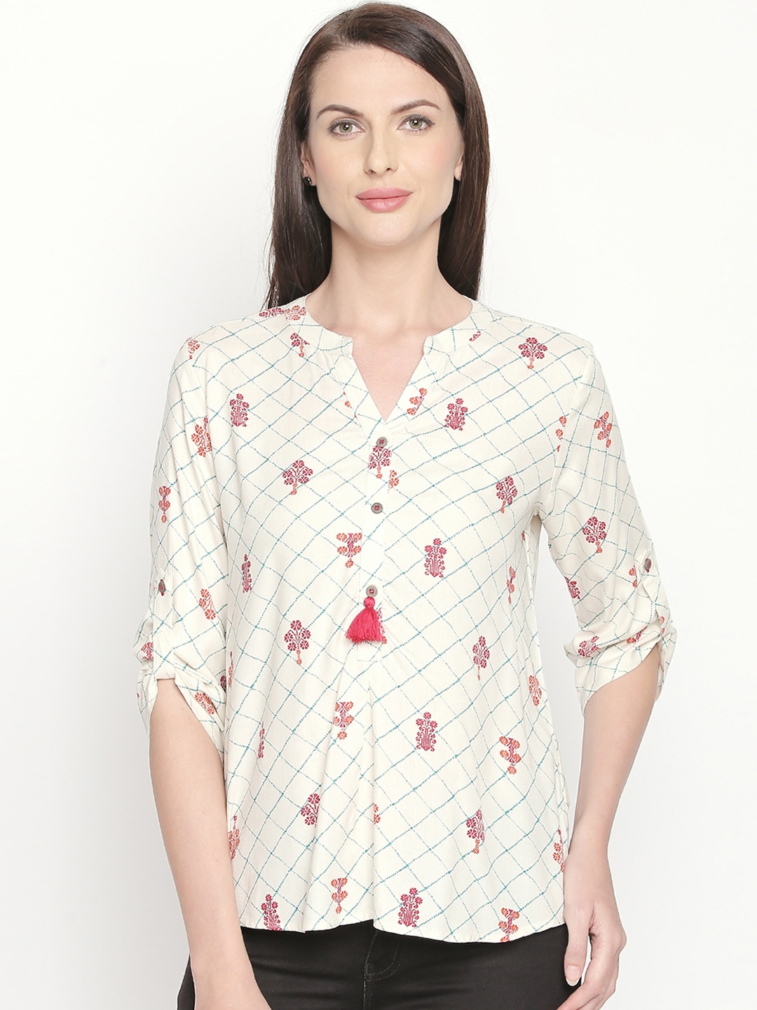 AKKRITI BY PANTALOONS Women Off-White Printed Shirt Style Top