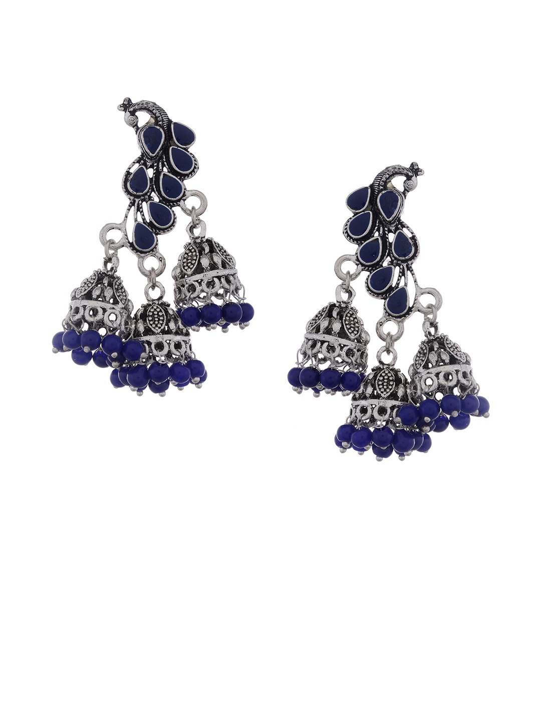Silvermerc Designs Silver-Plated & Blue Oxidised Peacock Shaped Jhumkas