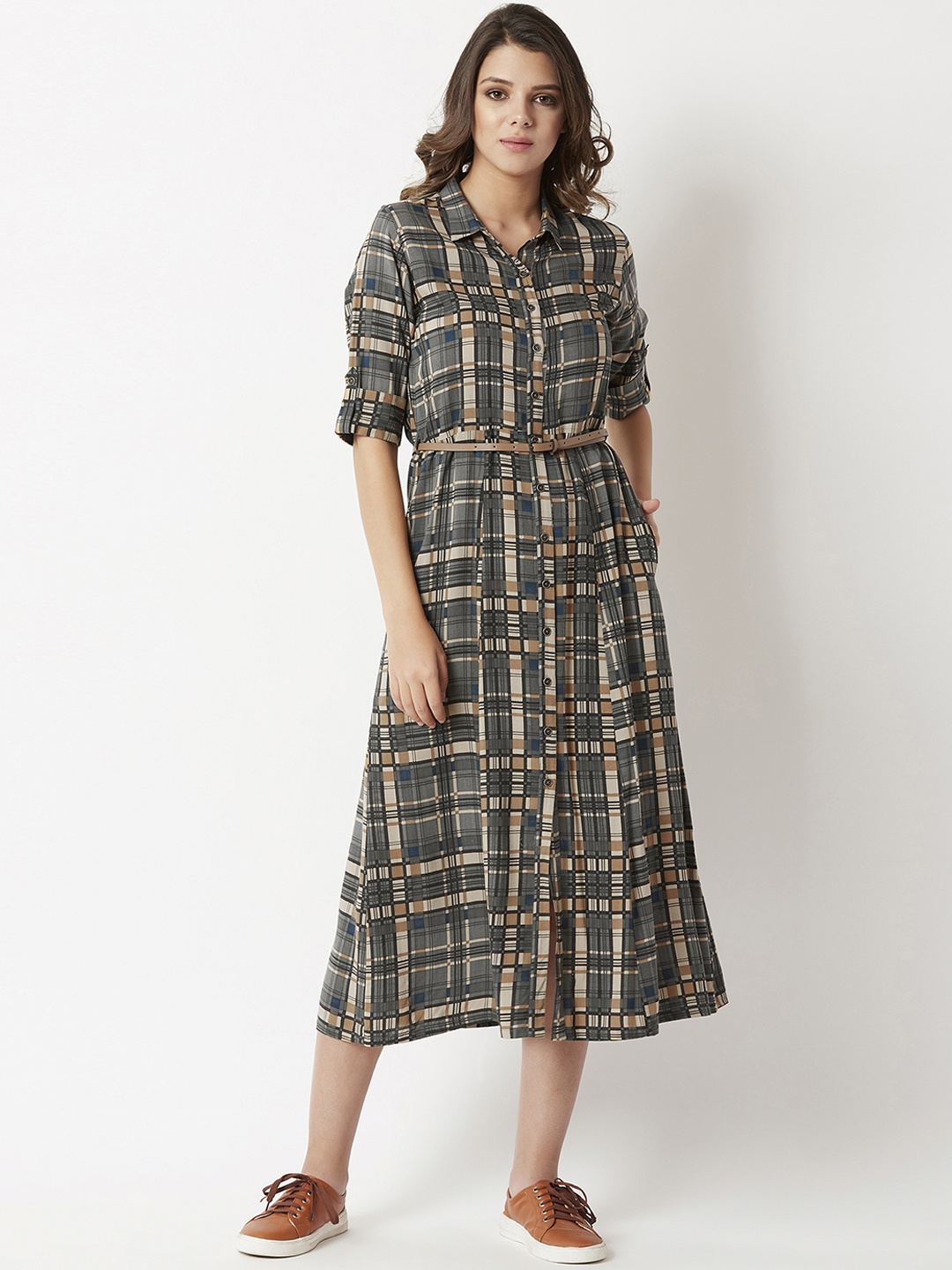 Miss Chase Women Green Checked Shirt Dress