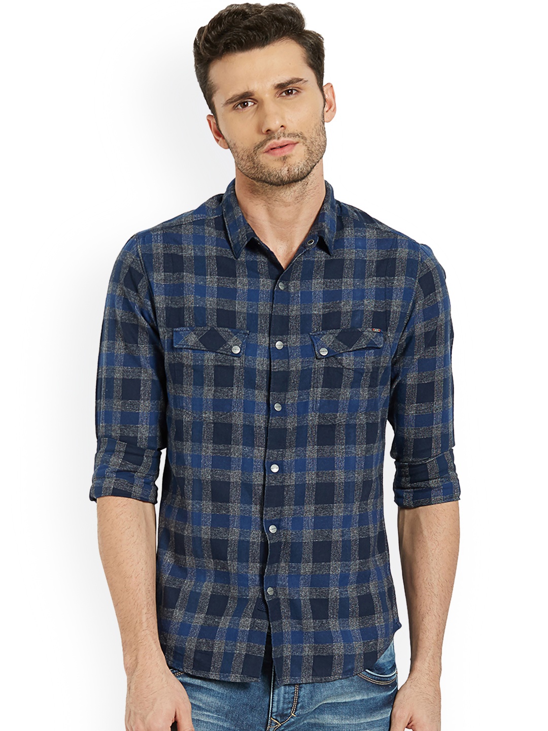 SPYKAR Men Blue & Black Slim Fit Checked Casual Shirt