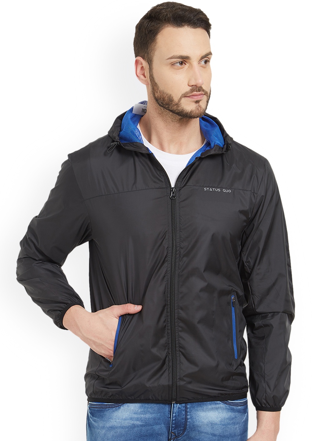 Status Quo Men Black Solid Lightweight Hooded Padded Jacket