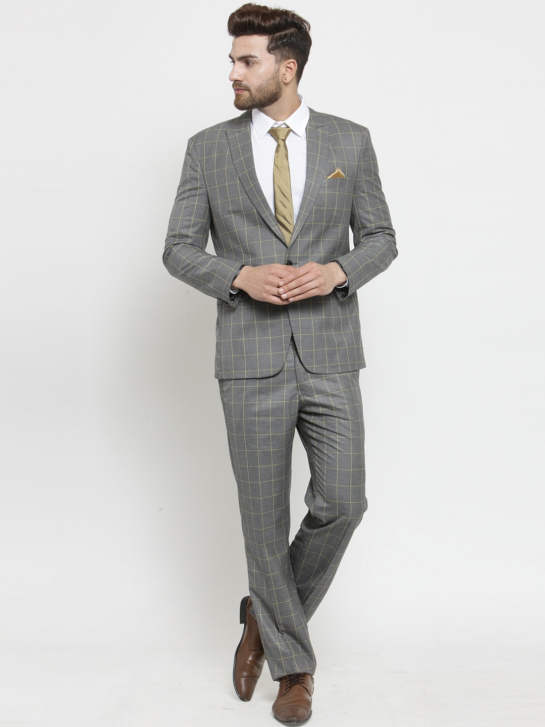 LUXURAZI Men Grey Checked Slim Fit Suit, Yellow