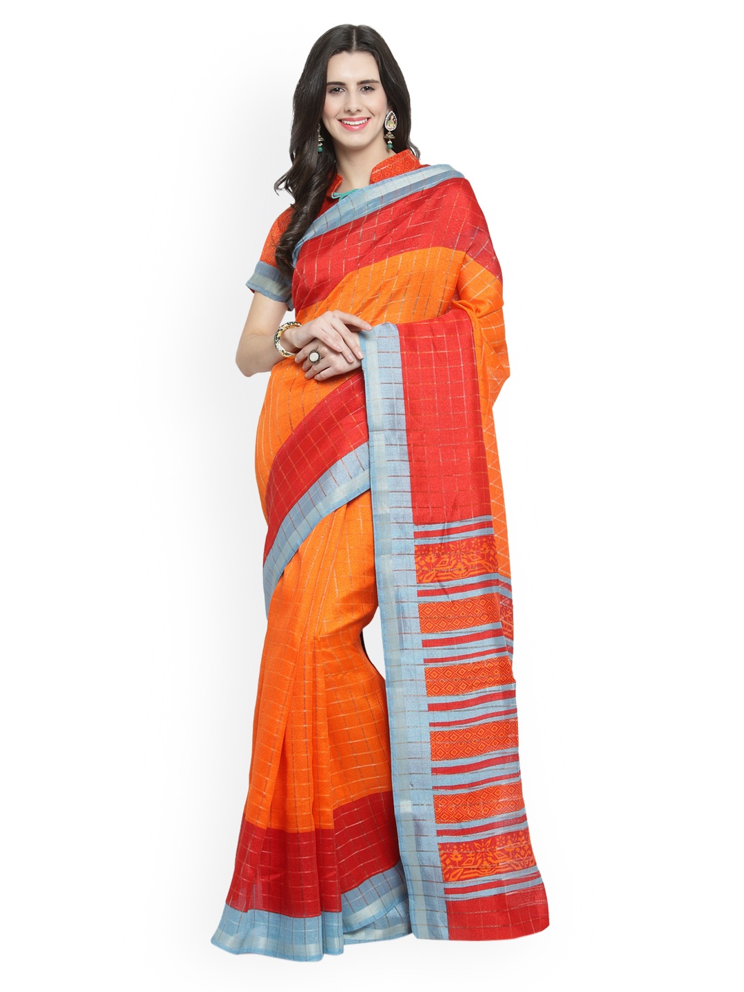Shaily Orange Printed Silk Cotton Saree