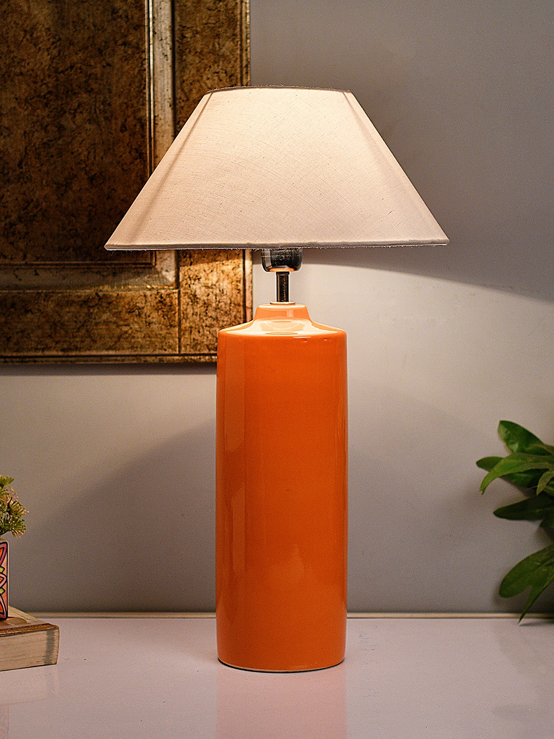 Homesake White & Green Solid Handcrafted Table Lamp with Shade, Orange