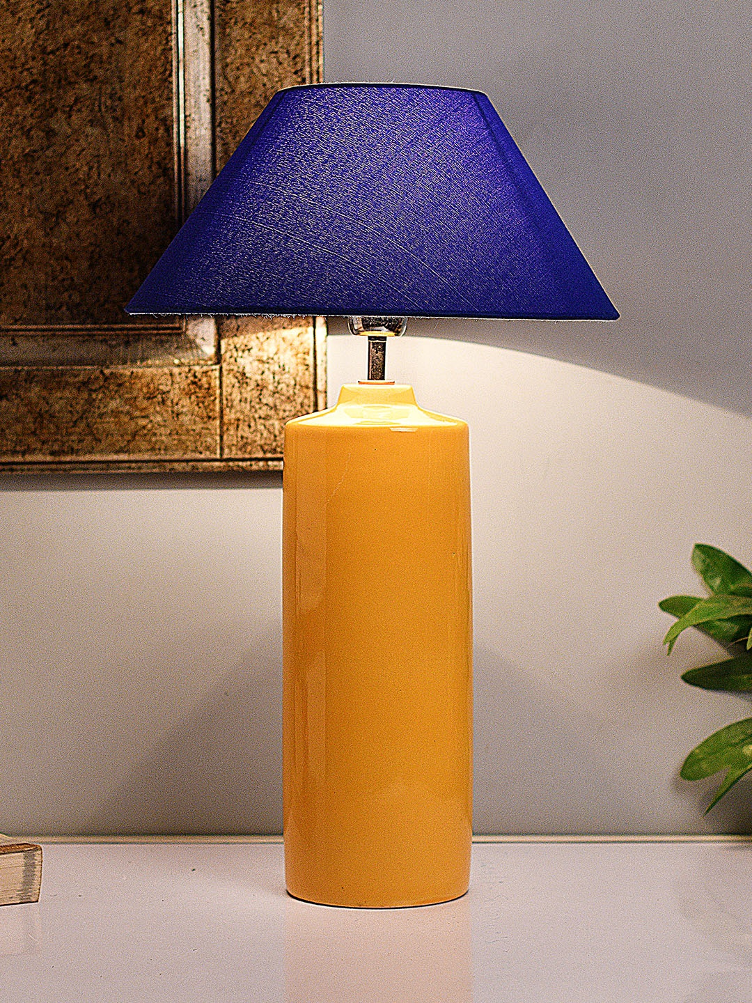 Homesake Yellow & Blue Solid Handcrafted Bedside Standard Table Lamp with Shade