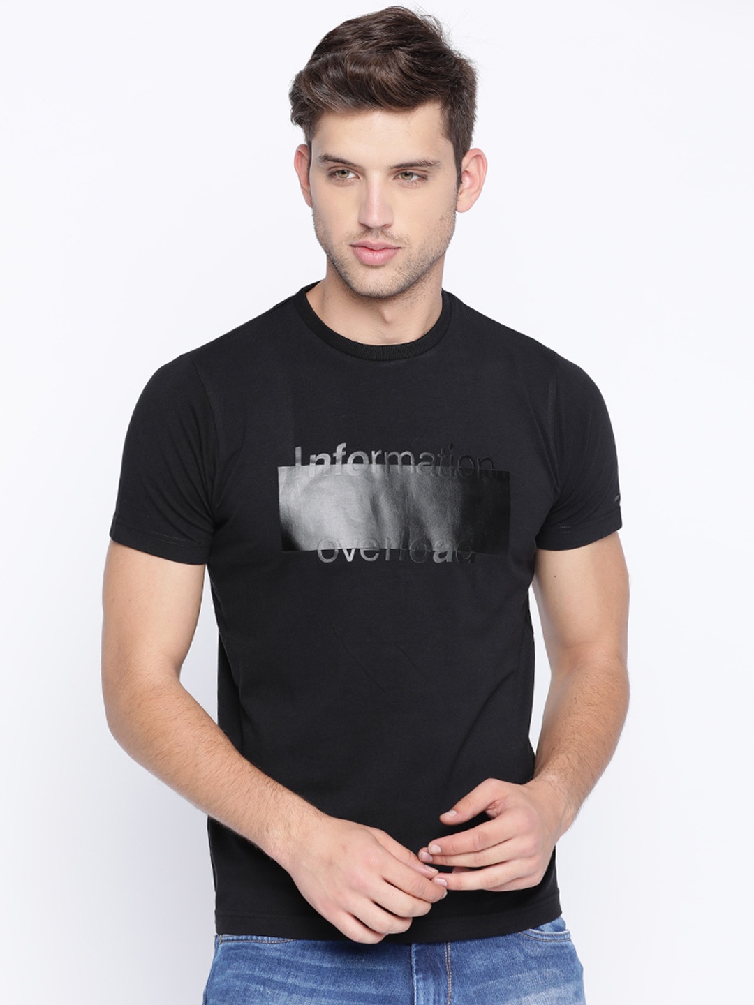 Basics Men Black Printed Slim Fit Round Neck T-shirt
