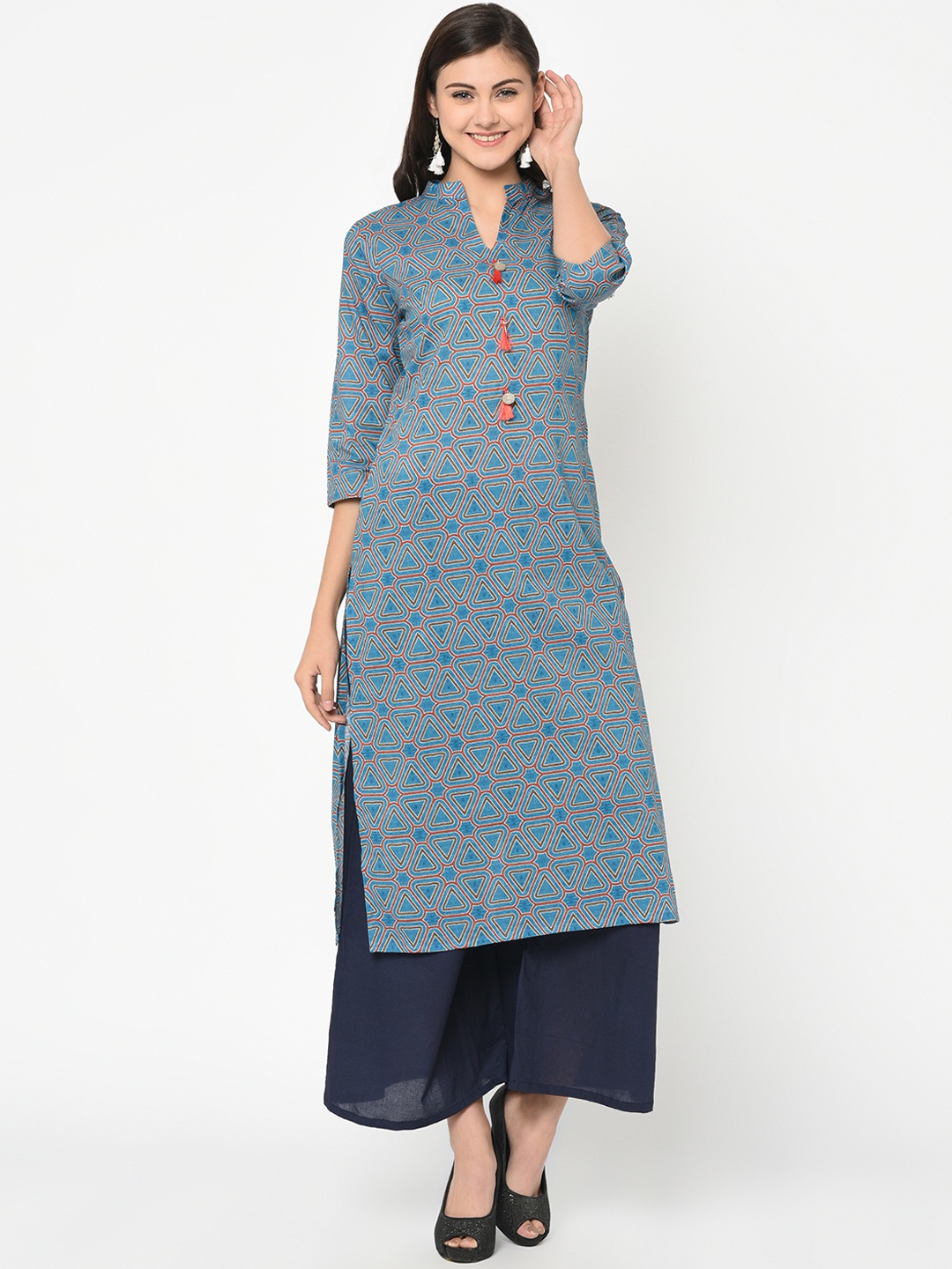 ZIYAA Women Blue & Coral Orange Printed Straight Kurta