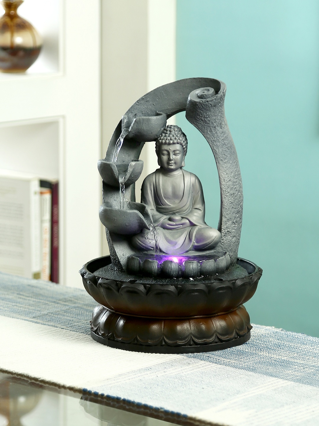 Aapno Rajasthan Grey Buddha Hand Sculpted Indoor Water Fountain with Light