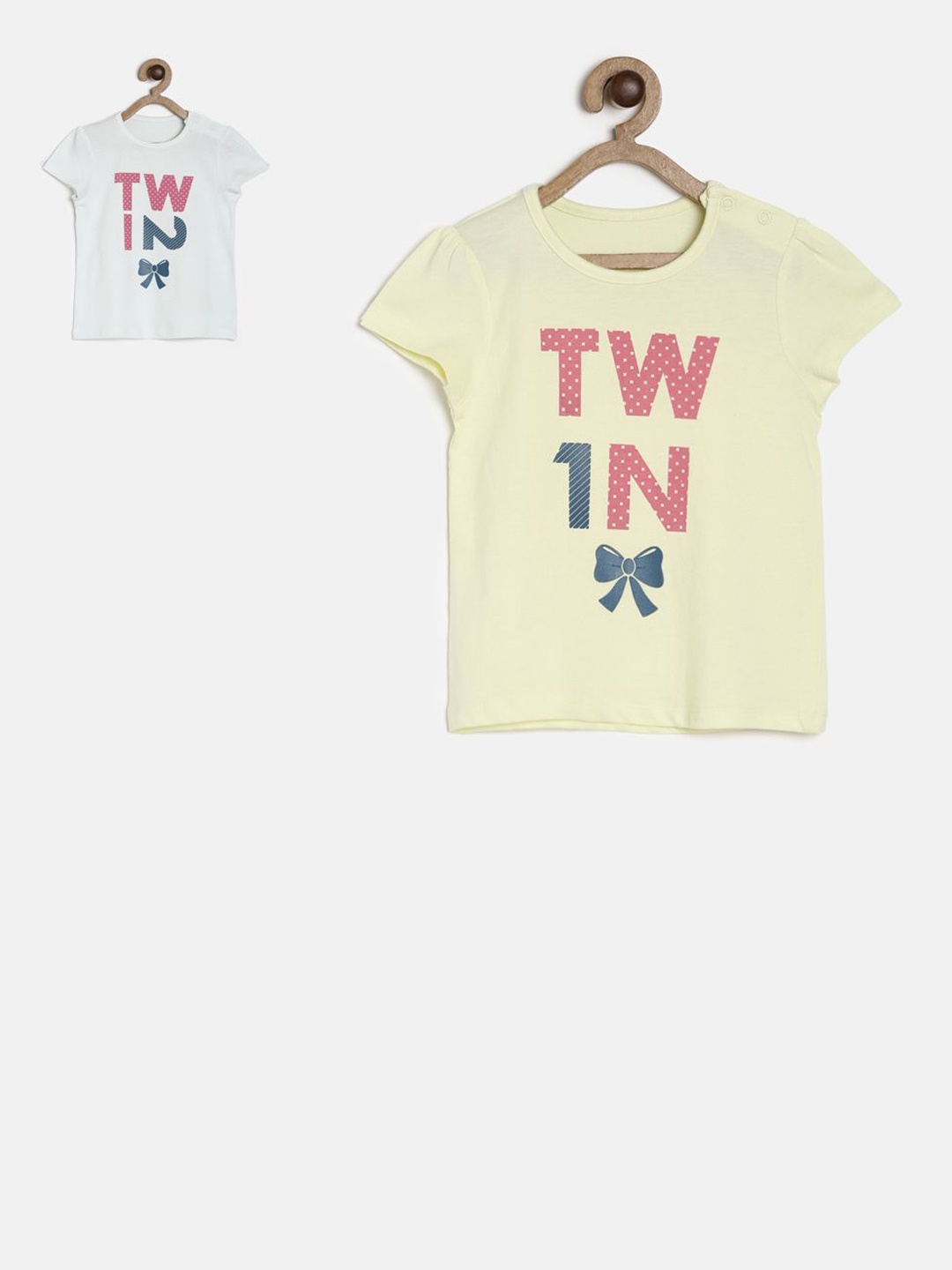 MINI KLUB Girls Pack Of 2 Printed Pure Cotton Tops, Yellow