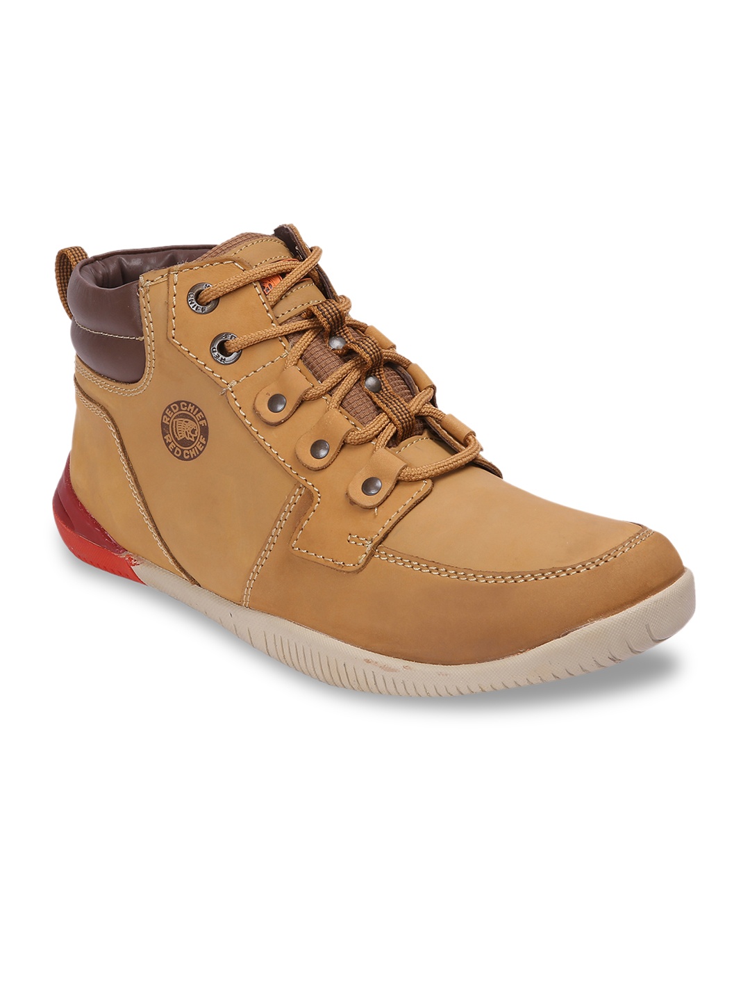 Red Chief Men Brown Solid Leather Mid-Top Sneakers