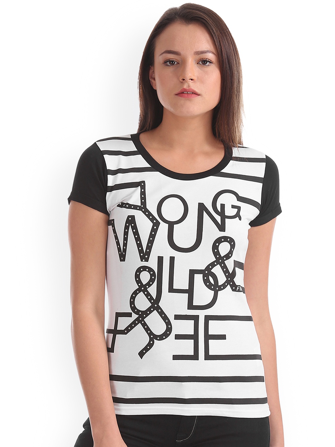 Flying Machine Women White Printed Round Neck T-shirt