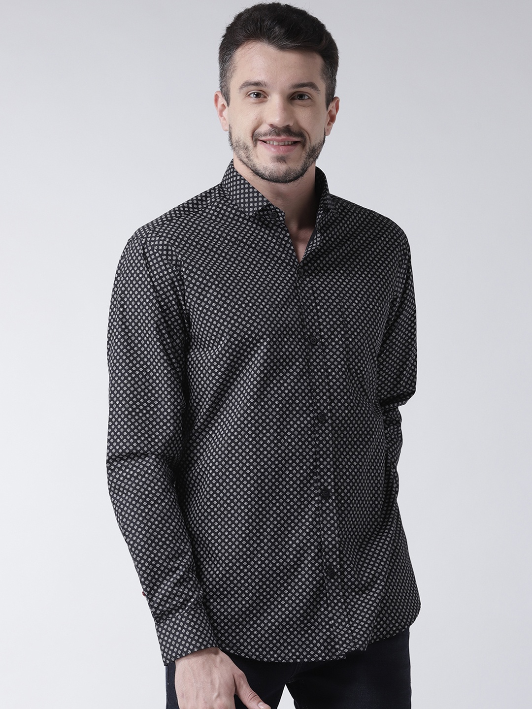 Routeen Men Black Modern Slim Fit Printed Casual Shirt