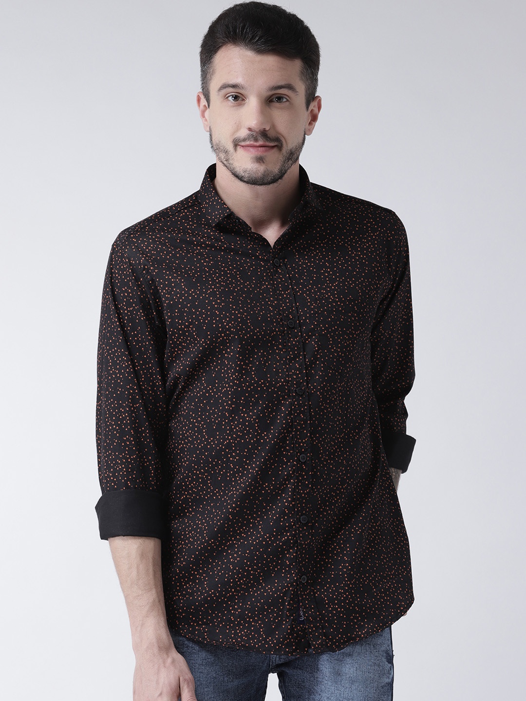 Routeen Men Black & Orange Slim Fit Printed Casual Shirt