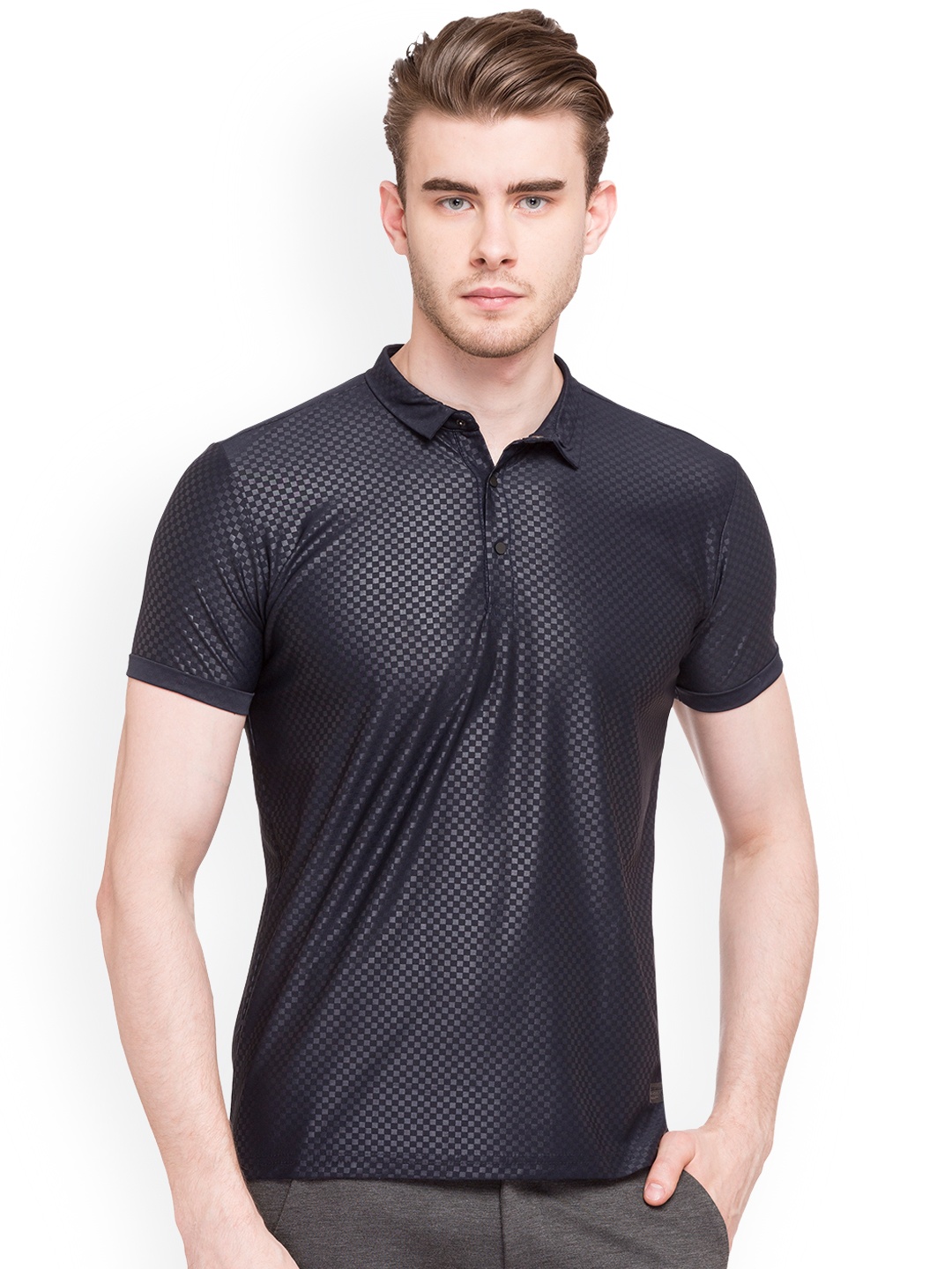 Status Quo Men Navy Blue Checked Polo Collar Pure Cotton T-shirt