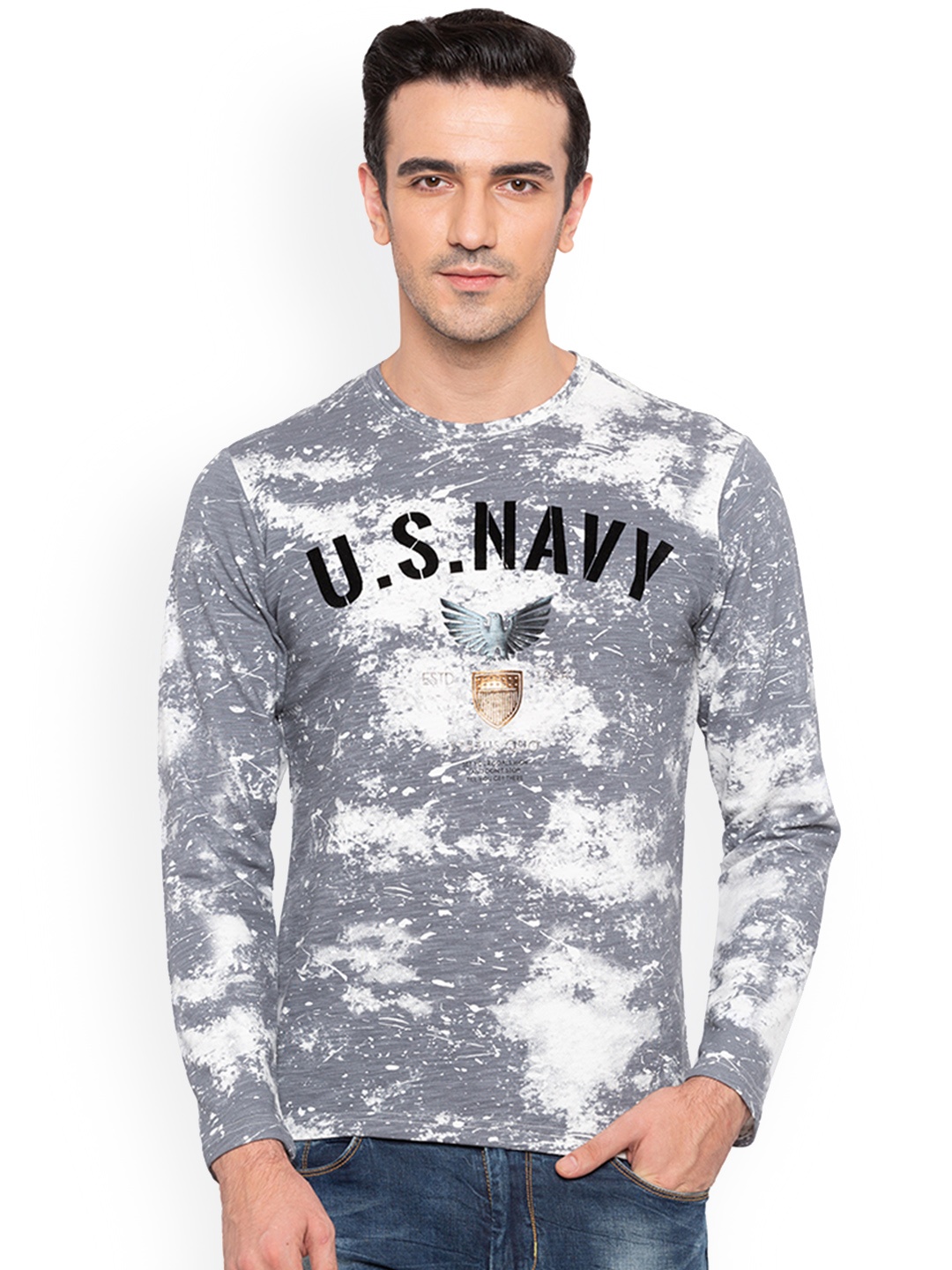 Status Quo Men Grey Printed Round Neck Pure Cotton T-shirt