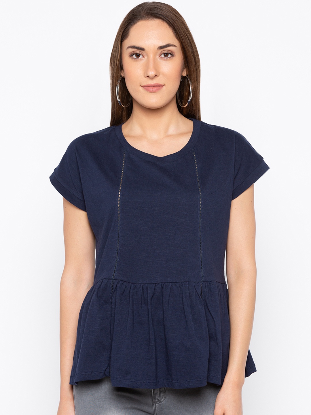 Globus Women Navy Blue Solid Peplum Pure Cotton Top