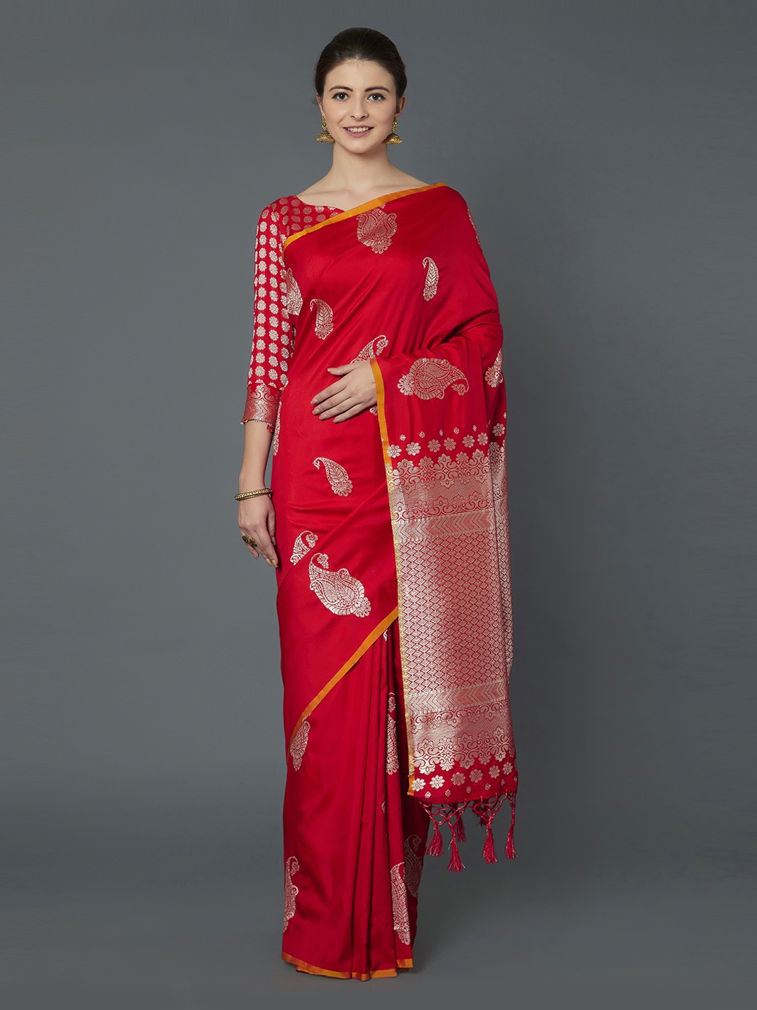 Mitera Red Silk Blend Woven Design Kanjeevaram Saree