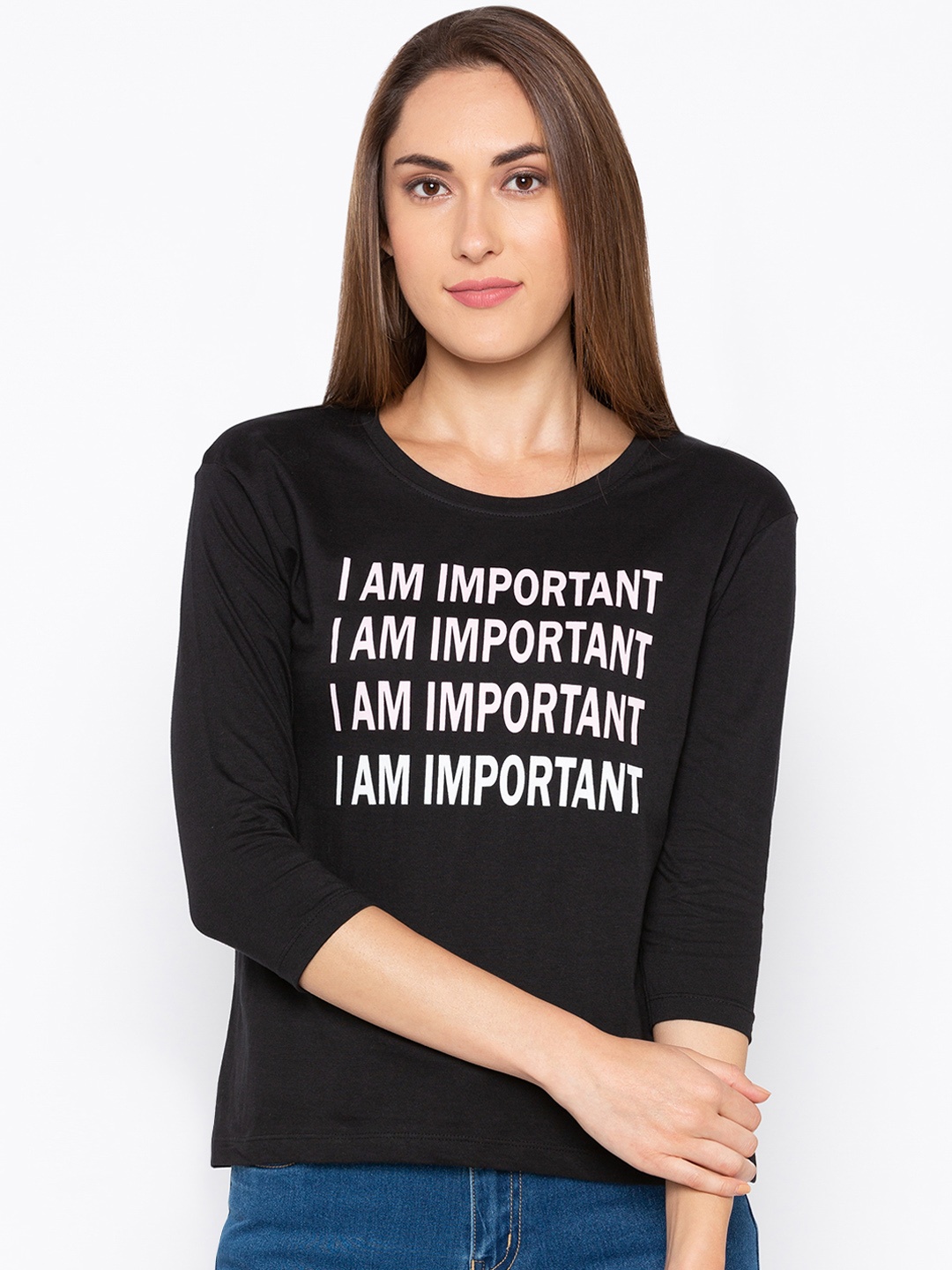 Globus Women Black Printed Round Neck T-shirt