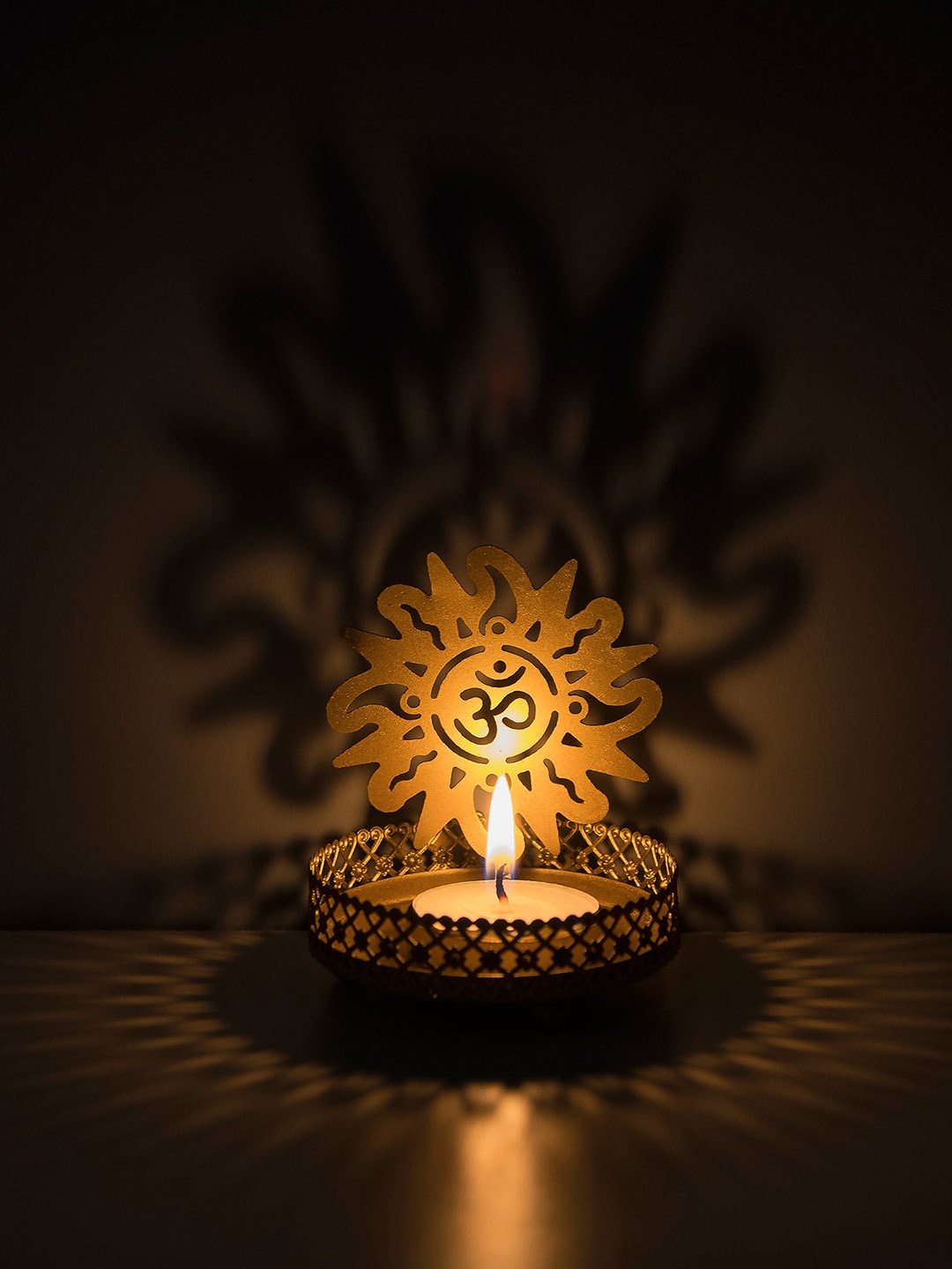 Homesake Set of 2 Gold-Toned Shadow Om Candle Holder with Free Wax Diya