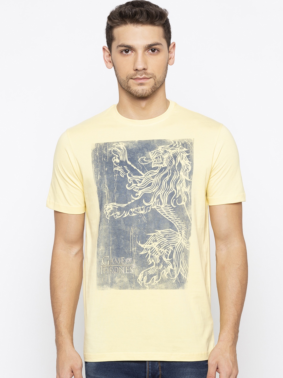 Status Quo Men Yellow Game of Thrones Printed Round Neck T-shirt