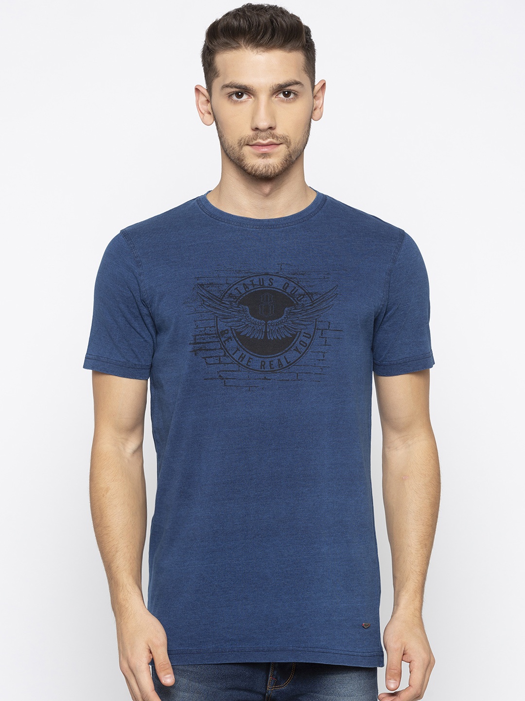 Status Quo Men Blue Slim Fit Printed Round Neck Pure Cotton T-shirt