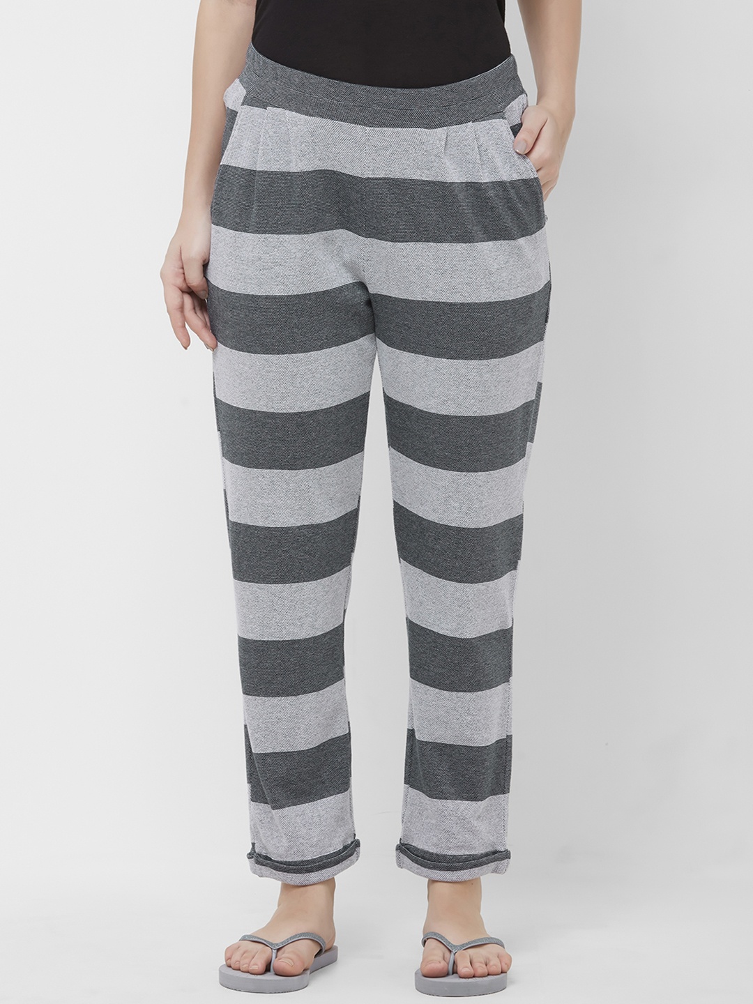 Mystere Paris Women Grey Striped Lounge Pants