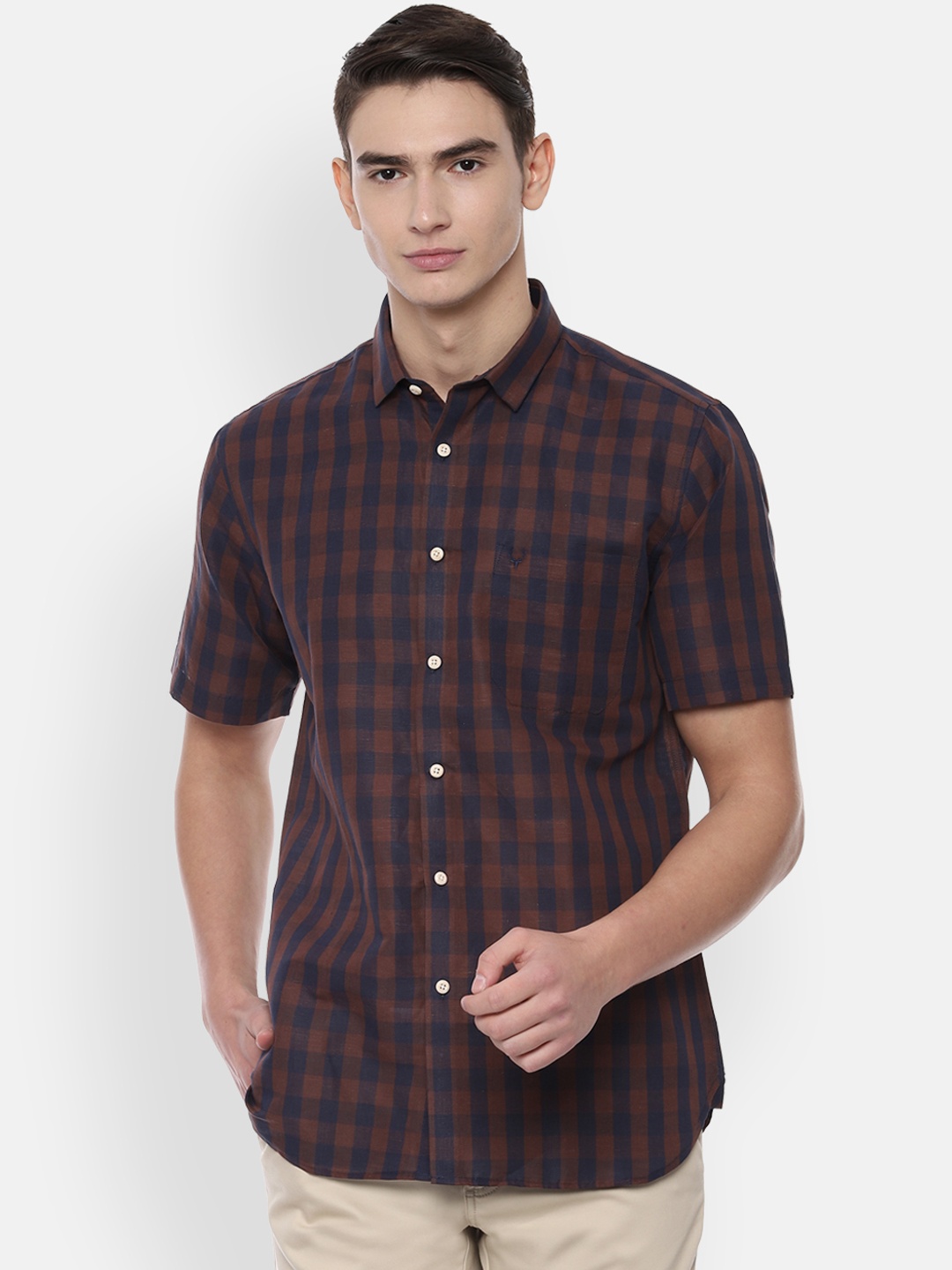 Allen Solly Men Brown & Navy Blue Slim Fit Checked Casual Shirt