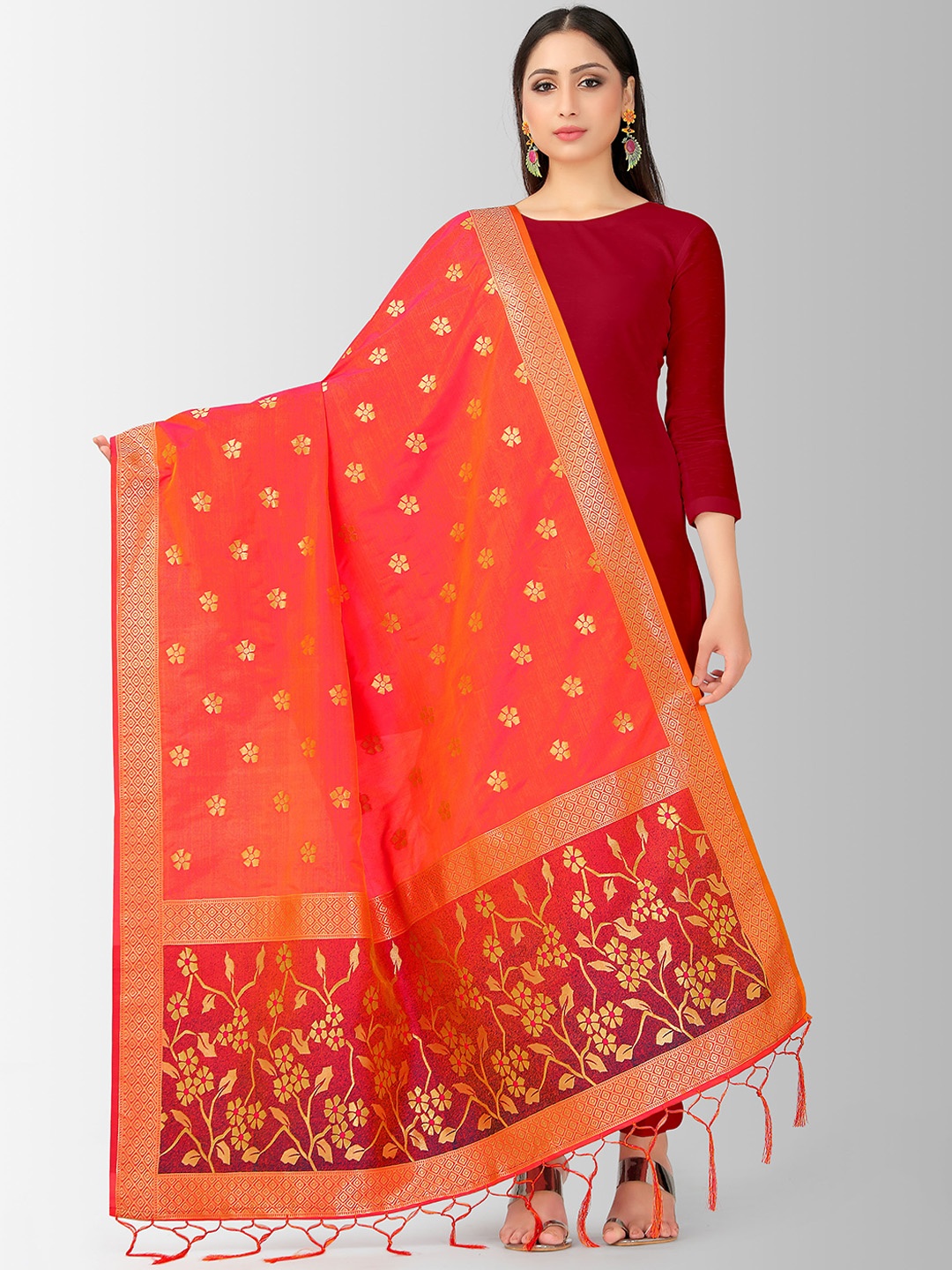 MIMOSA Coral Red & Gold-Toned Woven Design Dupatta