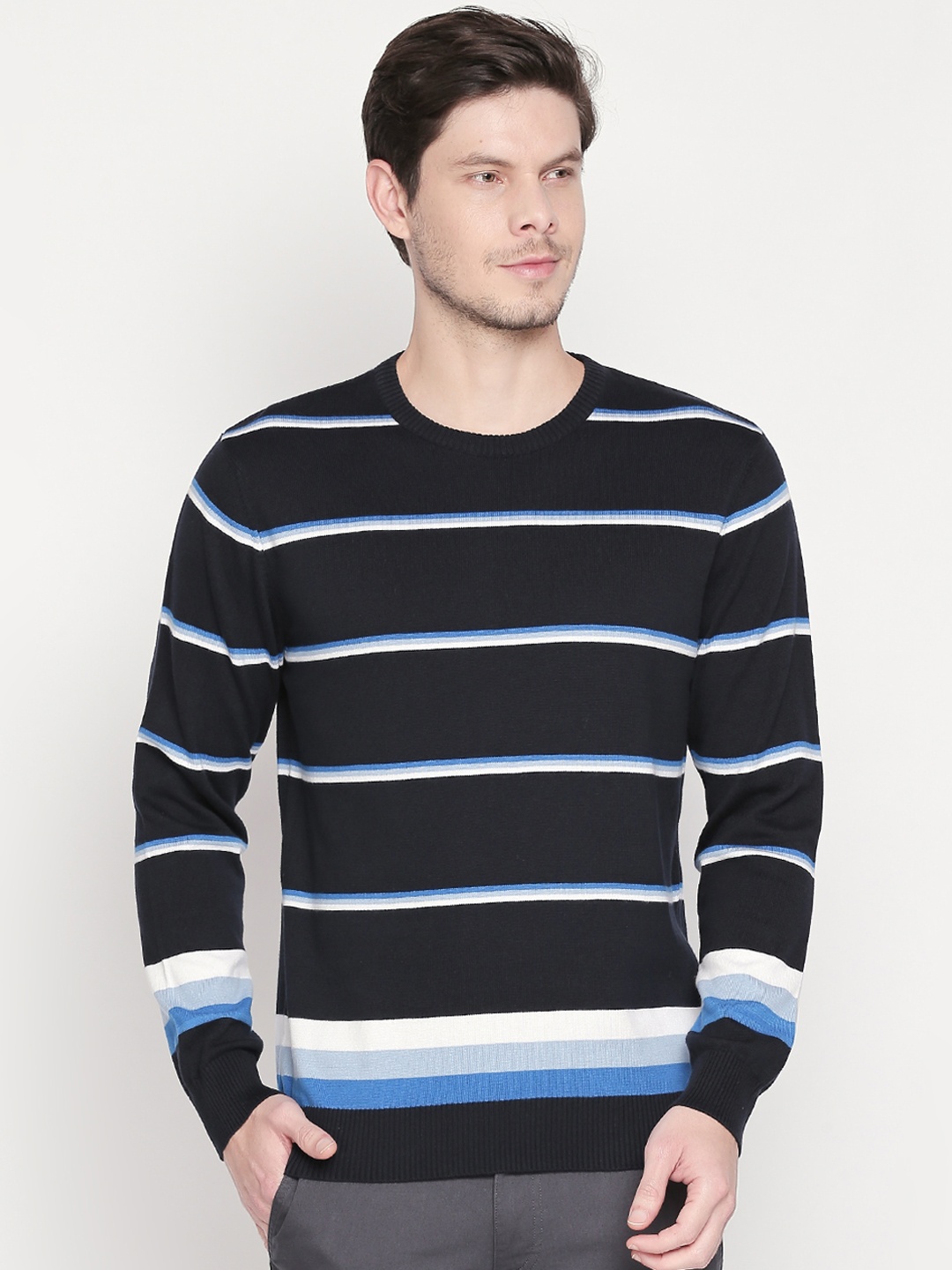 BYFORD by Pantaloons Men Navy Blue & White Striped Sweater