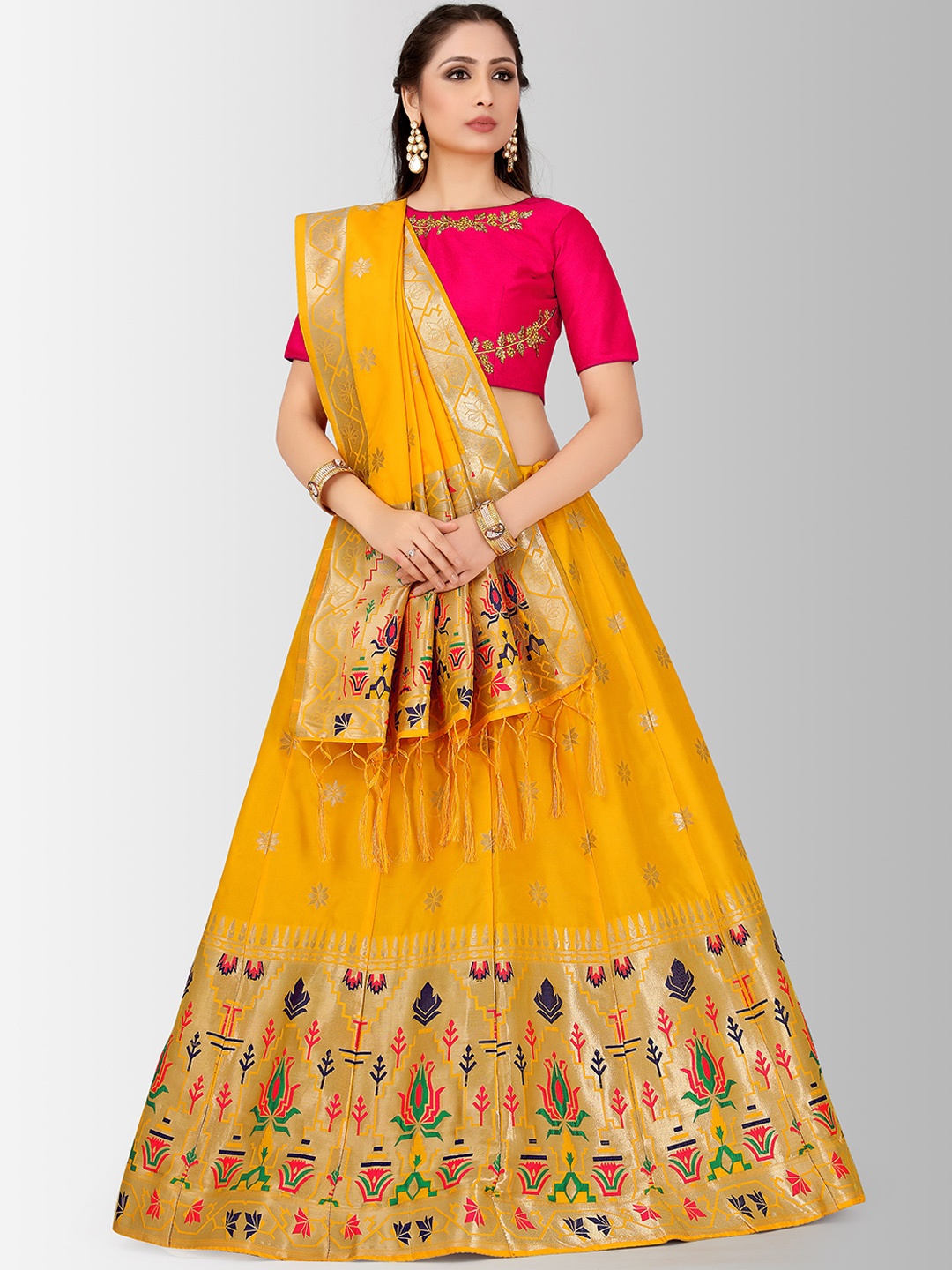 MIMOSA Mustard Yellow & Fushia Embroidered Semi-Stitched Lehenga & Blouse with Dupatta
MIMOSA Mustard Yellow & Fushia Embroidered Semi-Stitched Lehenga & Blouse with Dupatta
