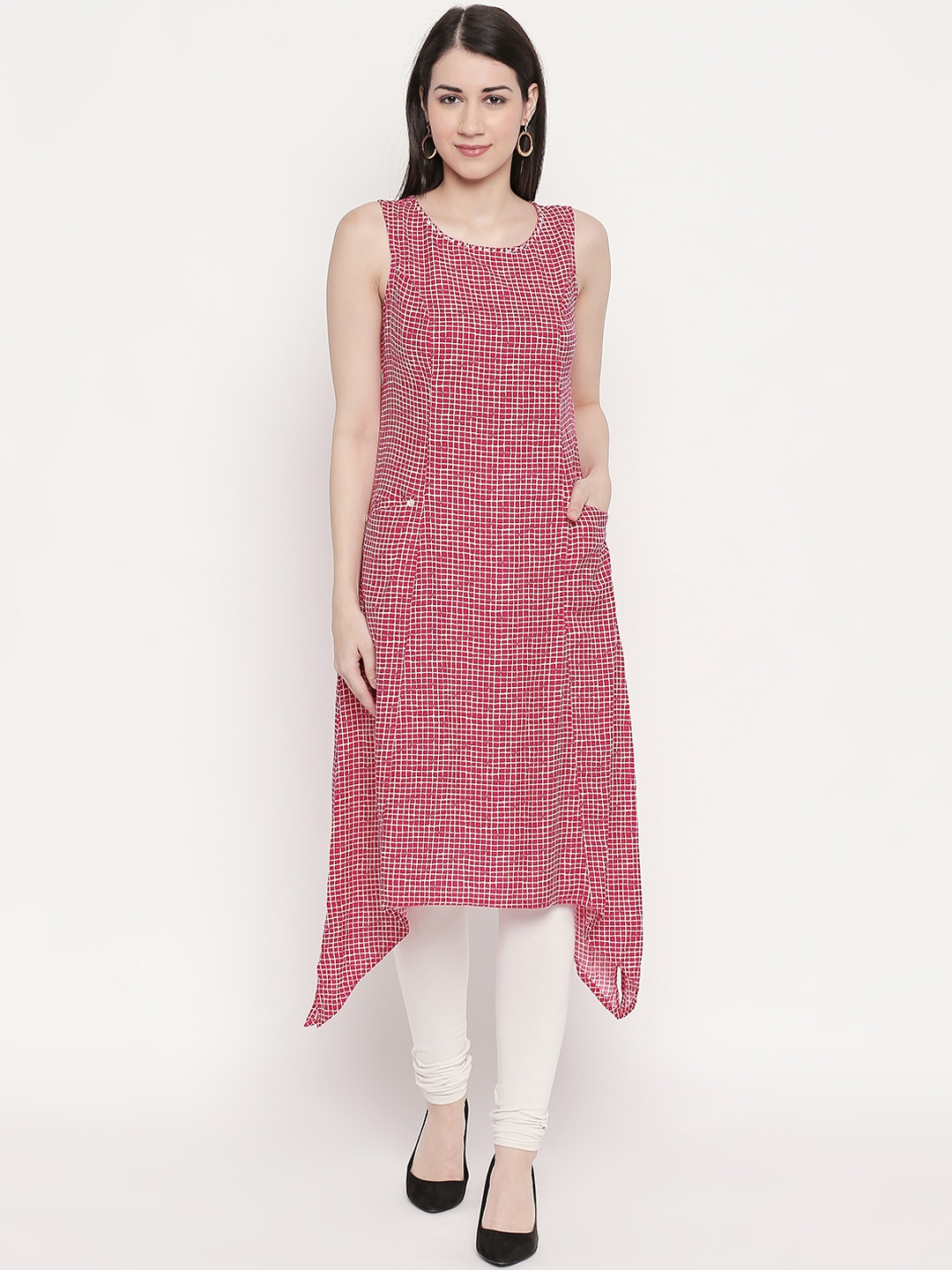 RANGMANCH BY PANTALOONS Women Pink & White Checked A-Line Kurta