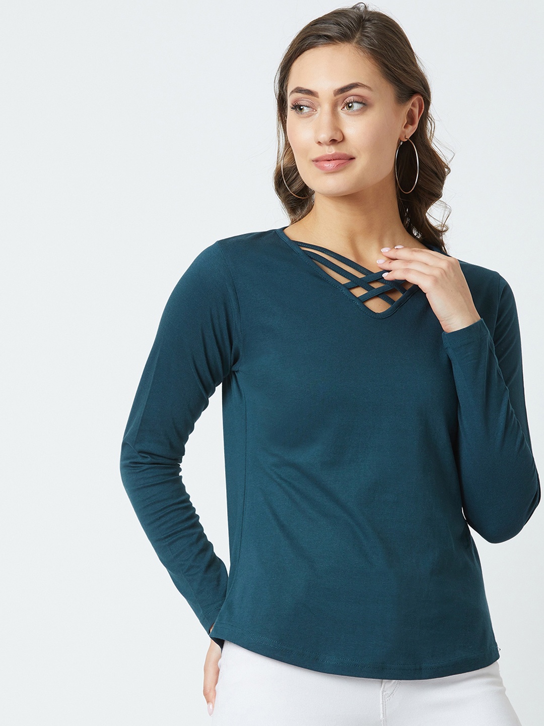 The Dry State Women Green Slim Fit Solid V-Neck T-shirt