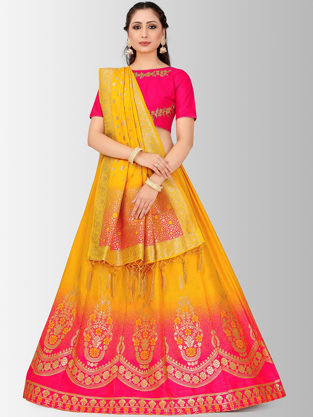 MIMOSA Fuchsia Pink & Yellow Embroidered Semi-Stitched Lehenga & Blouse with Dupatta
MIMOSA Fuchsia Pink & Yellow Embroidered Semi-Stitched Lehenga & Blouse with Dupatta