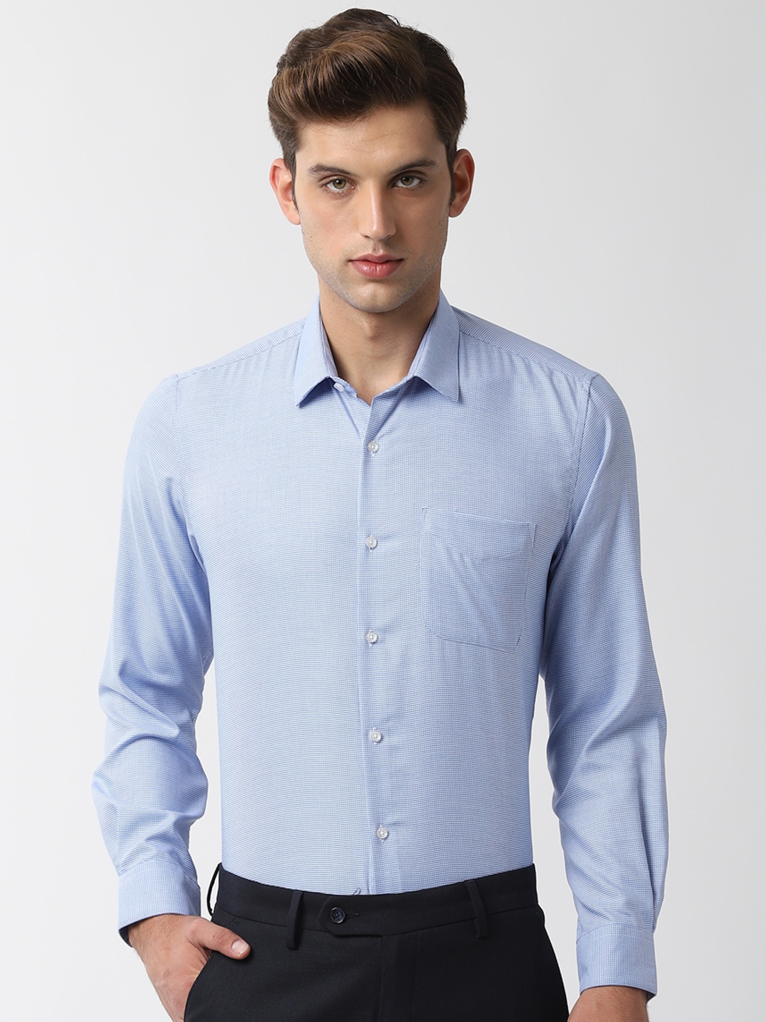 Peter England Men Blue Slim Fit Self Design Formal Shirt
