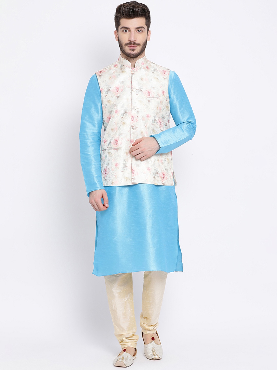 NAMASKAR Men Blue & Gold-toned Silk Kurta Set