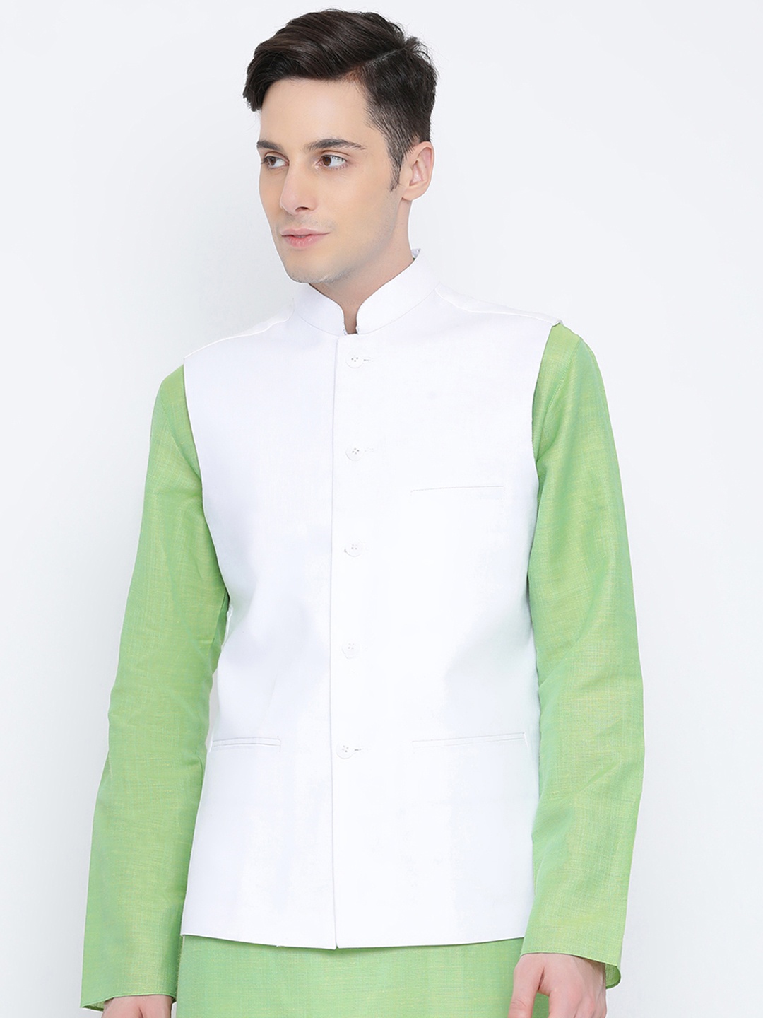 Namaskar Men White Solid Woven Pure Cotton Nehru Jacket