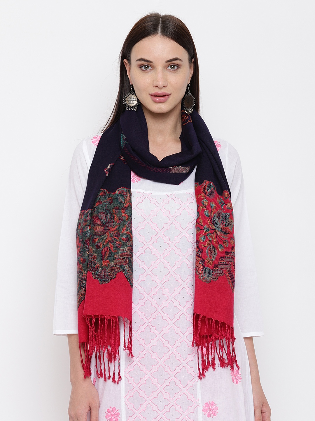 HK colours of fashion Women Navy Blue & Red Woven Design Stole