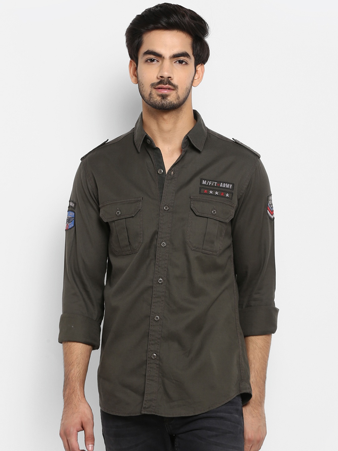 Mufti Men Olive Green Printed Slim Fit Casual Shirt