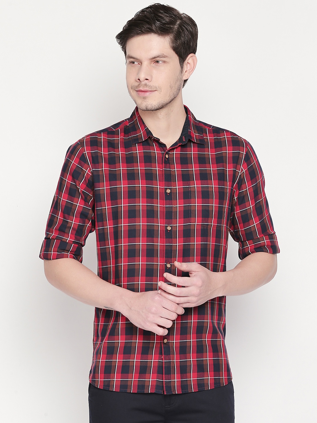 BYFORD by Pantaloons Men Navy Blue & Red Slim Fit Checked Casual Shirt