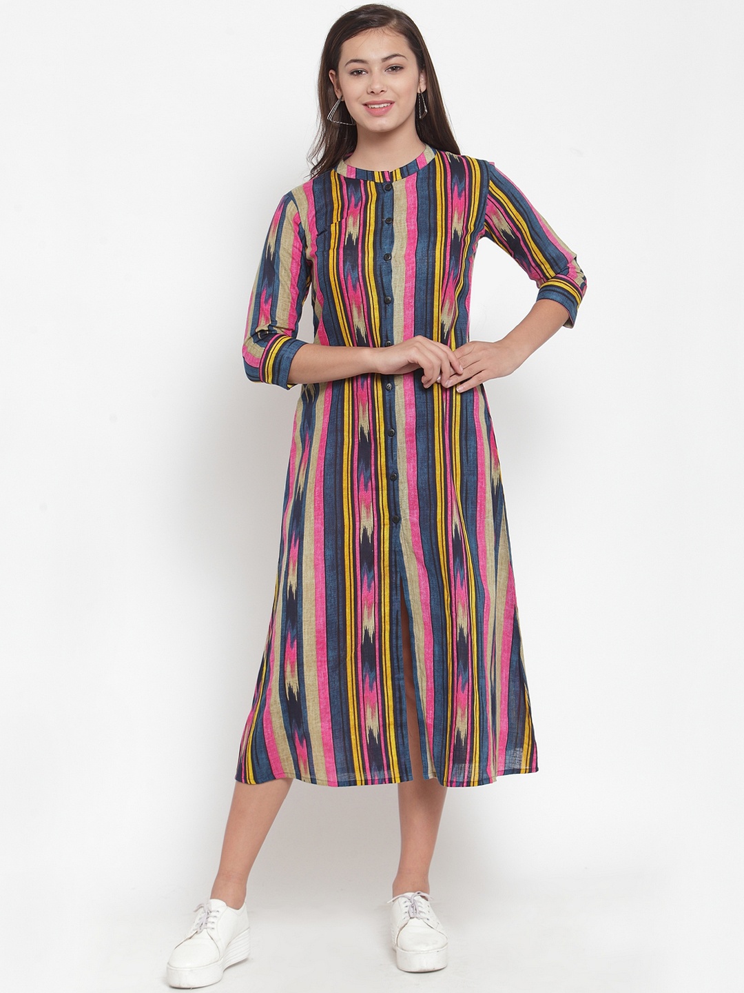 Indibelle Women Pink Striped A-Line Dress
