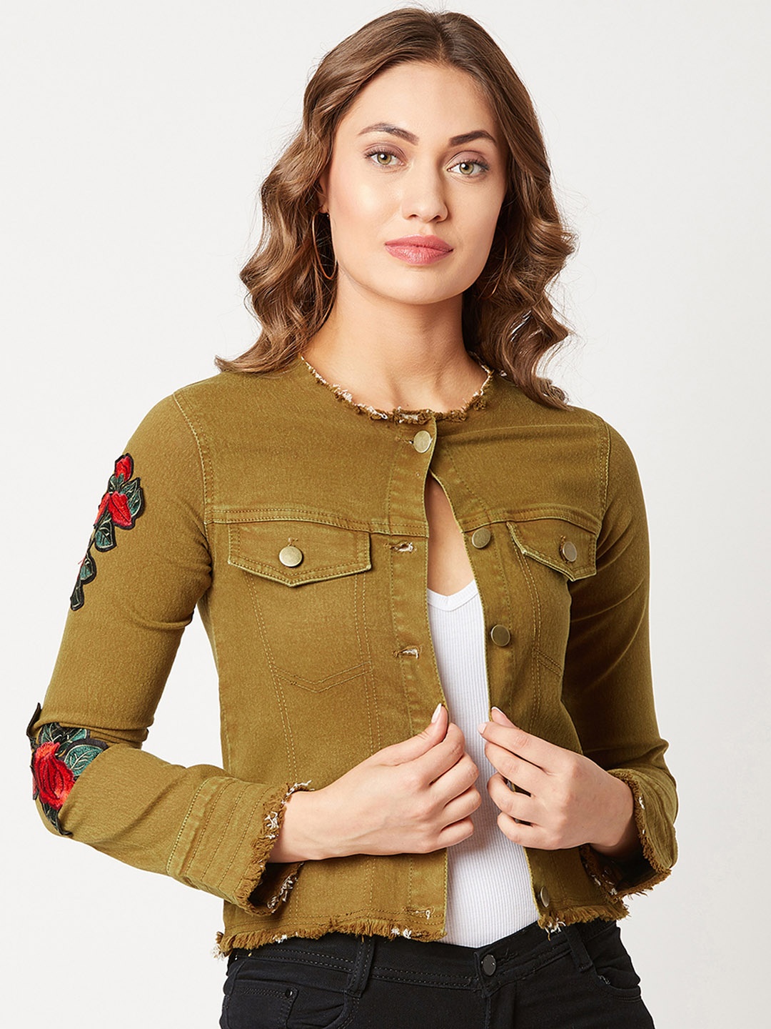 Miss Chase Women Olive Green Self Design Jacket