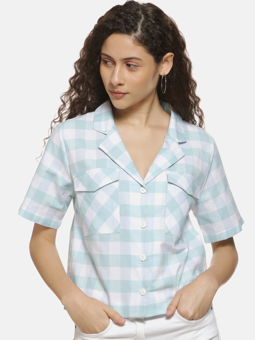 Campus Sutra Women White & Blue Regular Fit Checked Casual Shirt