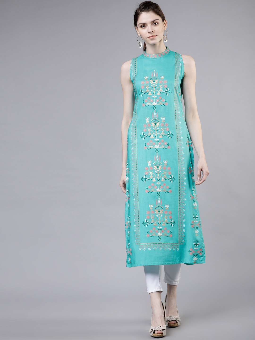 Vishudh Women Sea Green Floral Print Straight Kurta
